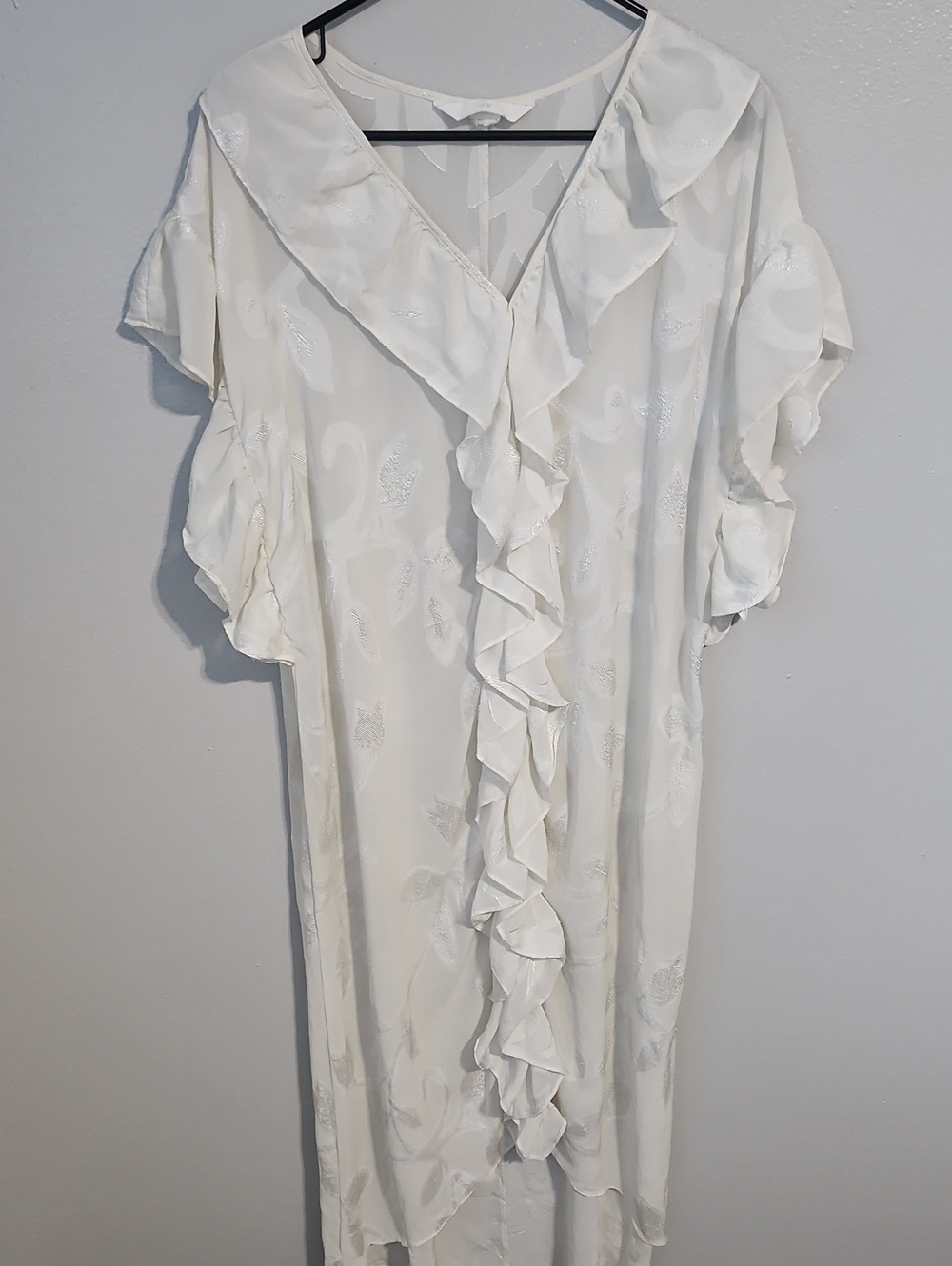 H&M White Textured Sheer V-Neck Dress with Ruffle Detail